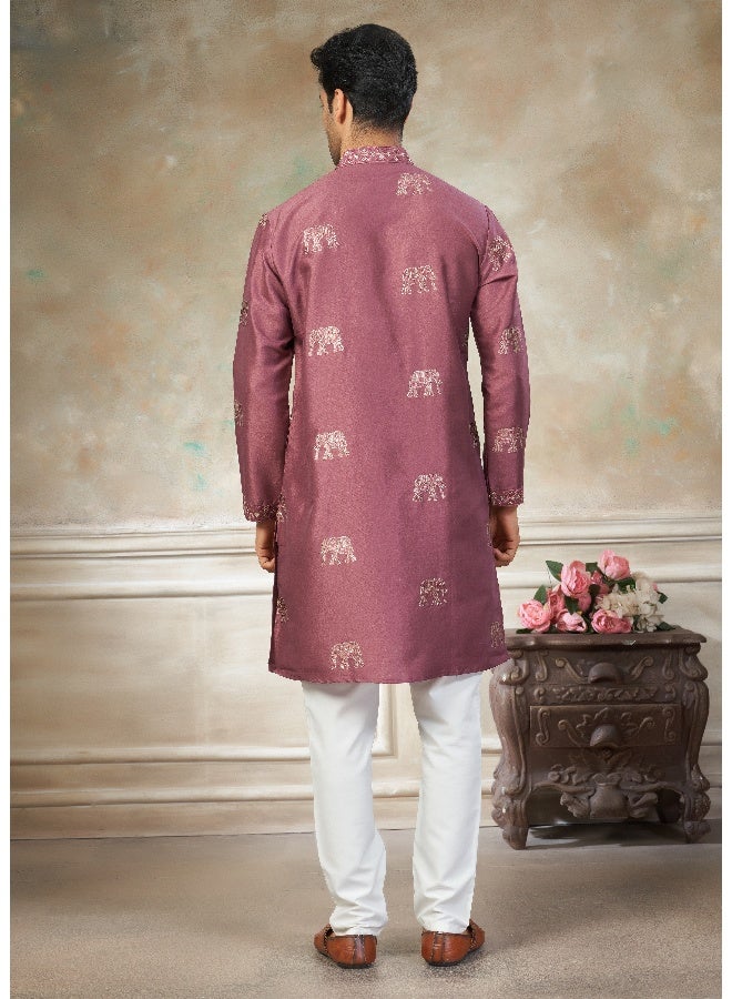 OUTLUK Pink Embroidered Kurta with Cotton Pajama for Men - Image 2